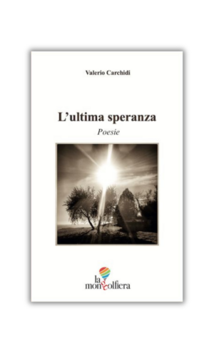 Copertina bianca "L’ultima speranza" di Carchidi. Sotto l'autore e il titolo, vi è la fotografia in bianco e nero di un paesaggio con alberi e sole.